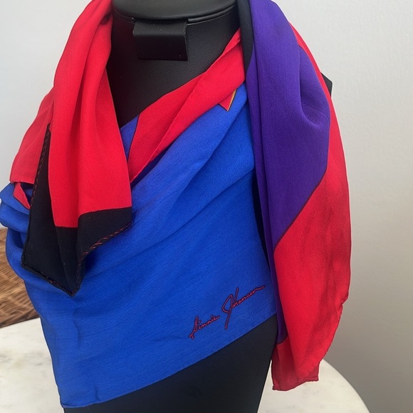 Ginnie Johansen Geometric Modern Art Bold Silk Scarf Red Blue Gold - Picture 5 of 10